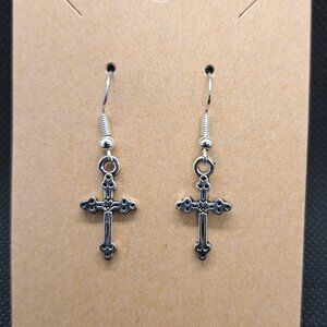Cross Dangle Earrings- Silver tone